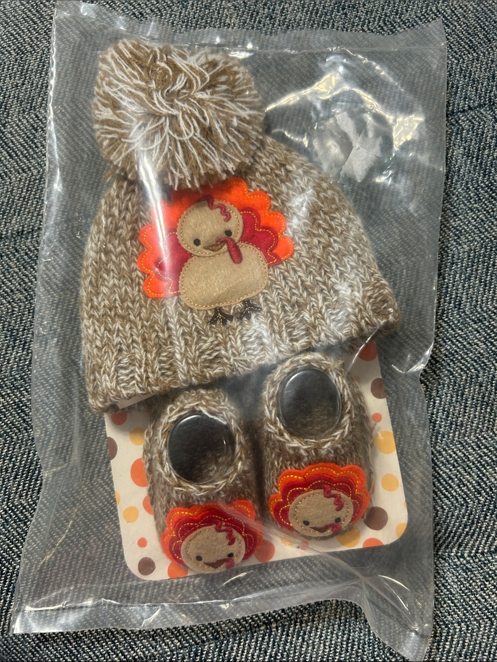 Little Me Brown Knit Pom Hat and Slipper Set with Orange & Red Turkey Appliques